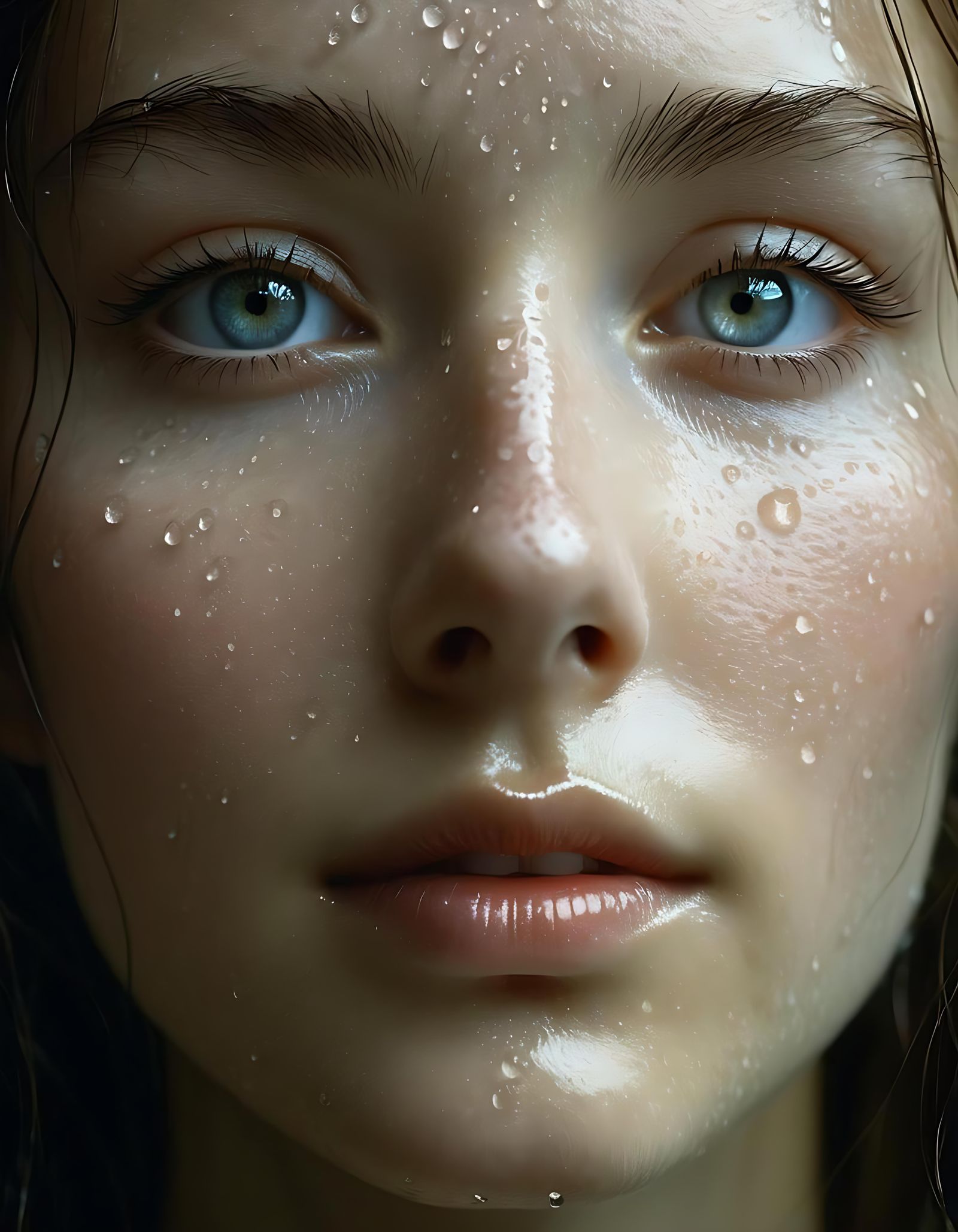 Ethereal Woman with Water Droplets: A Surreal Portrait