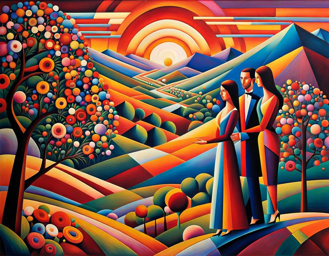 Isometric Folk Art Valley at Sunset