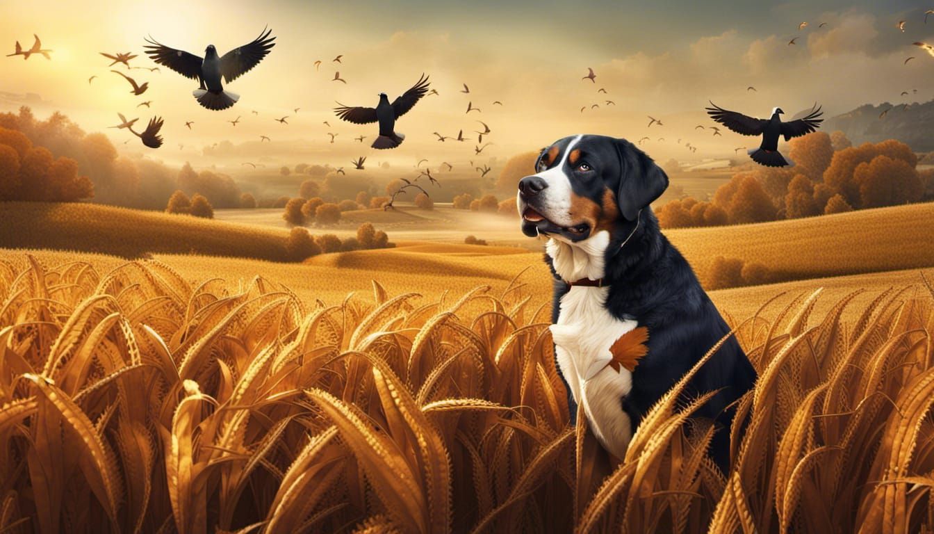 Swiss Mountain Dog Scarecrow in Golden Cornfield