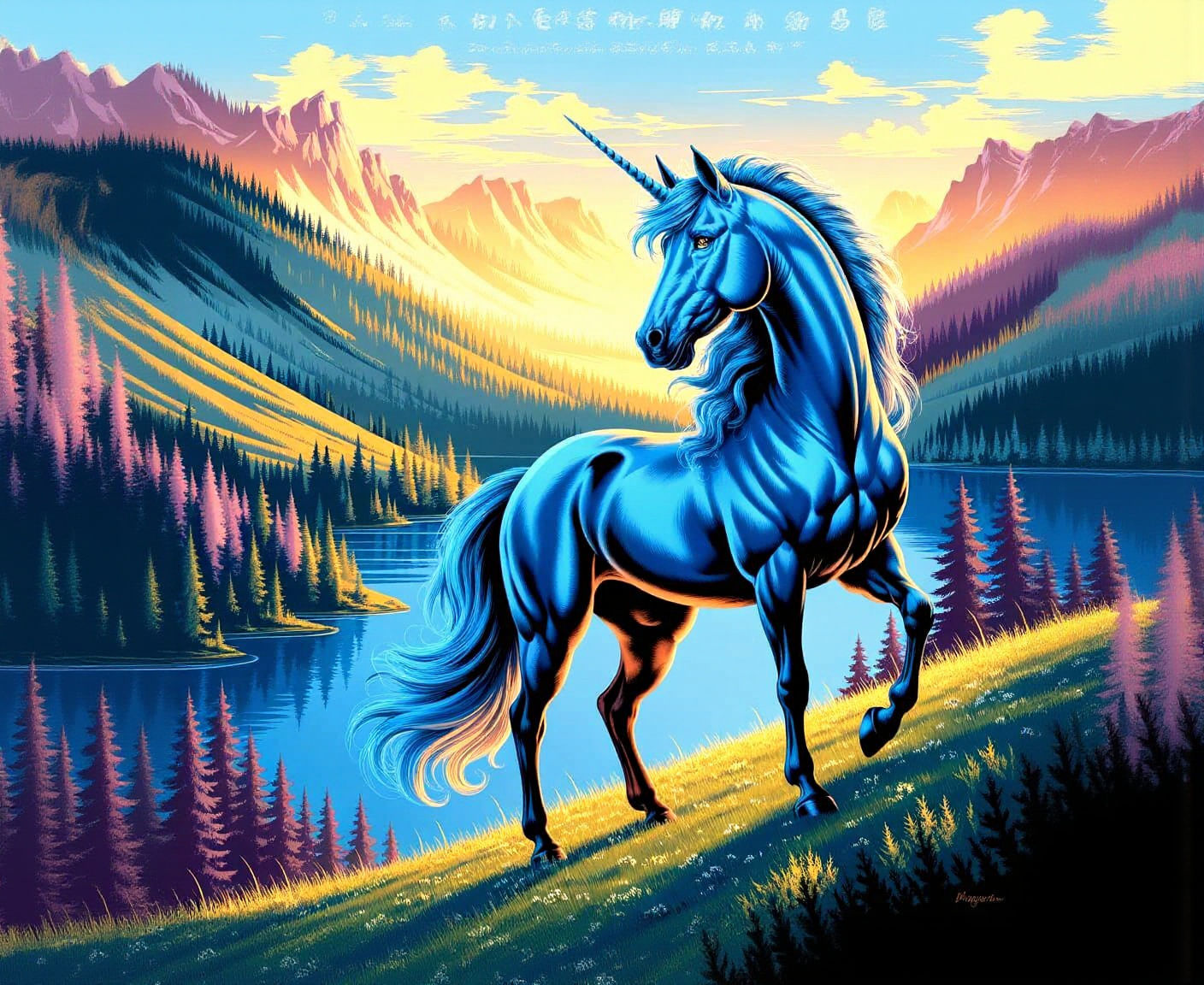 Majestic Blue Unicorn on Green Hillside