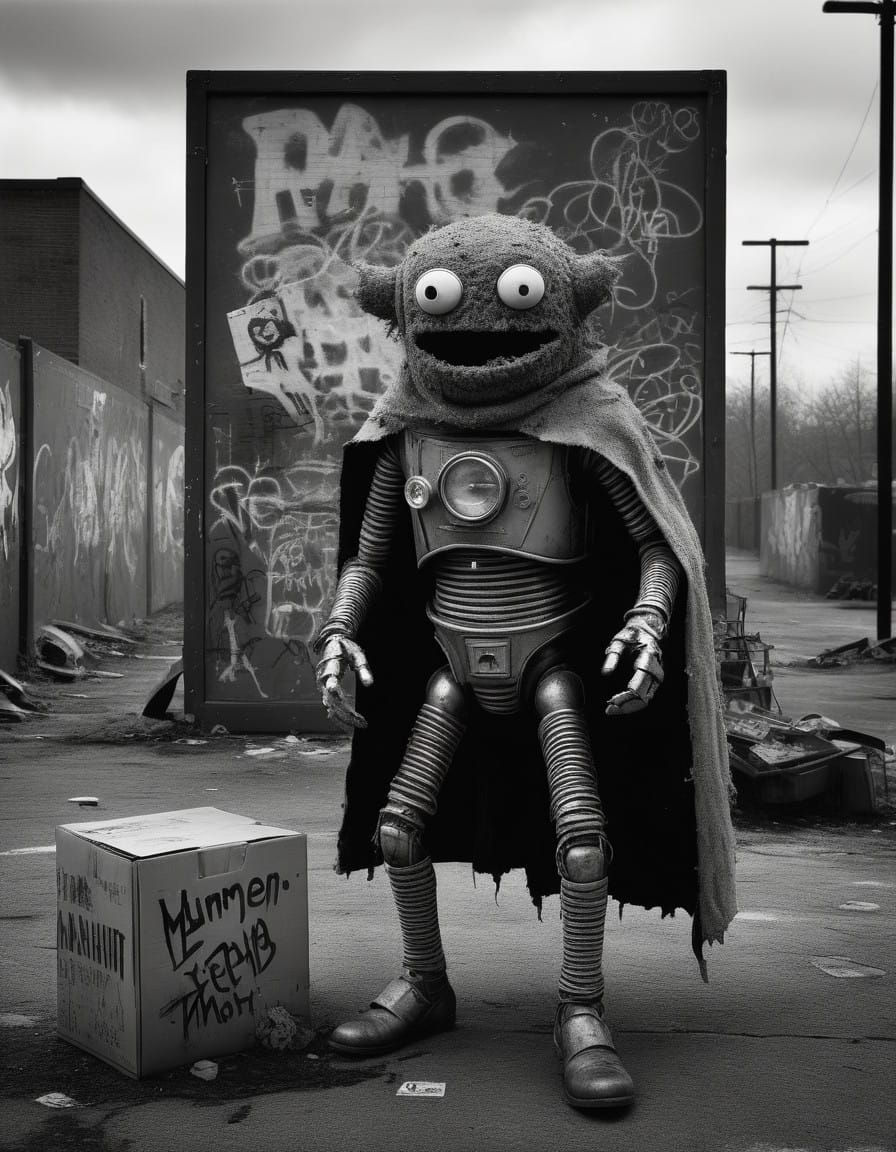 Battle-Scarred Sock Puppet Superhero in Abandoned Playground