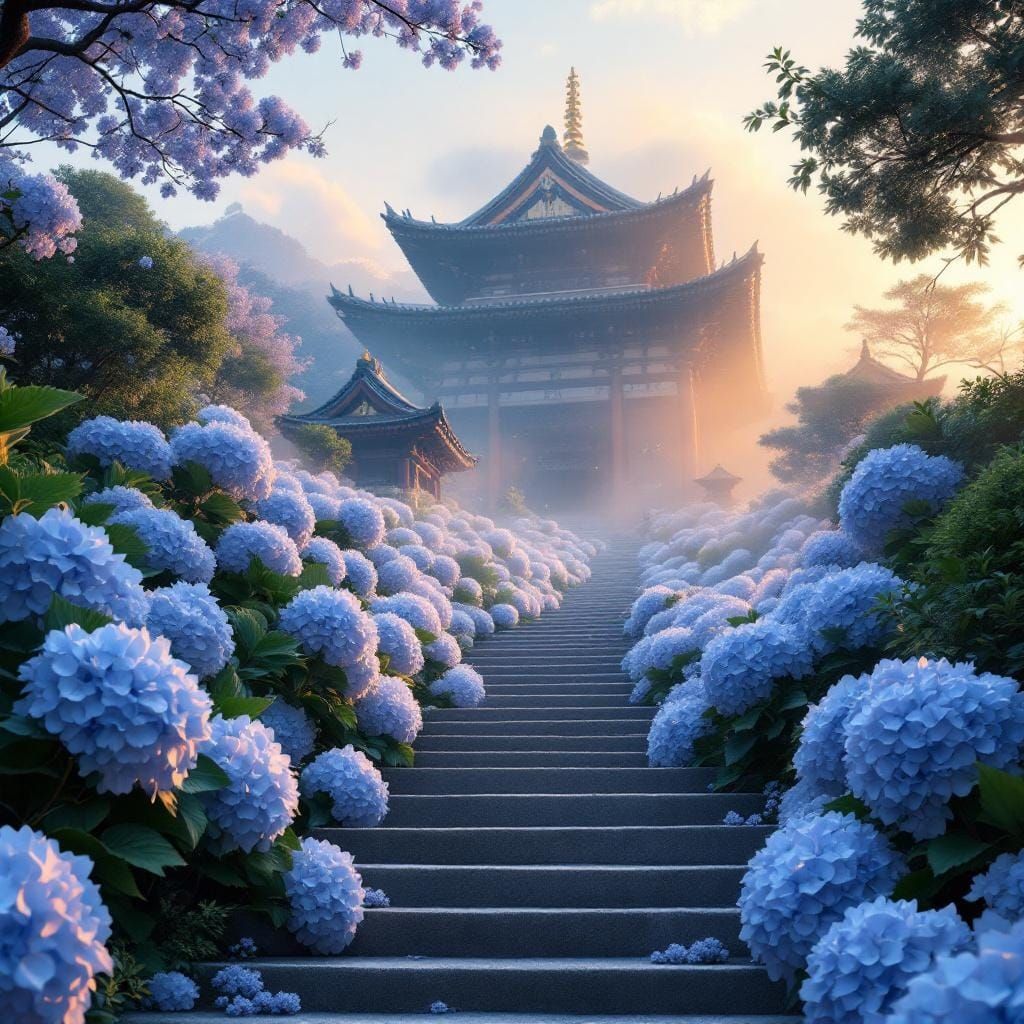Nara Temple in Hydrangea Garden at Golden Hour