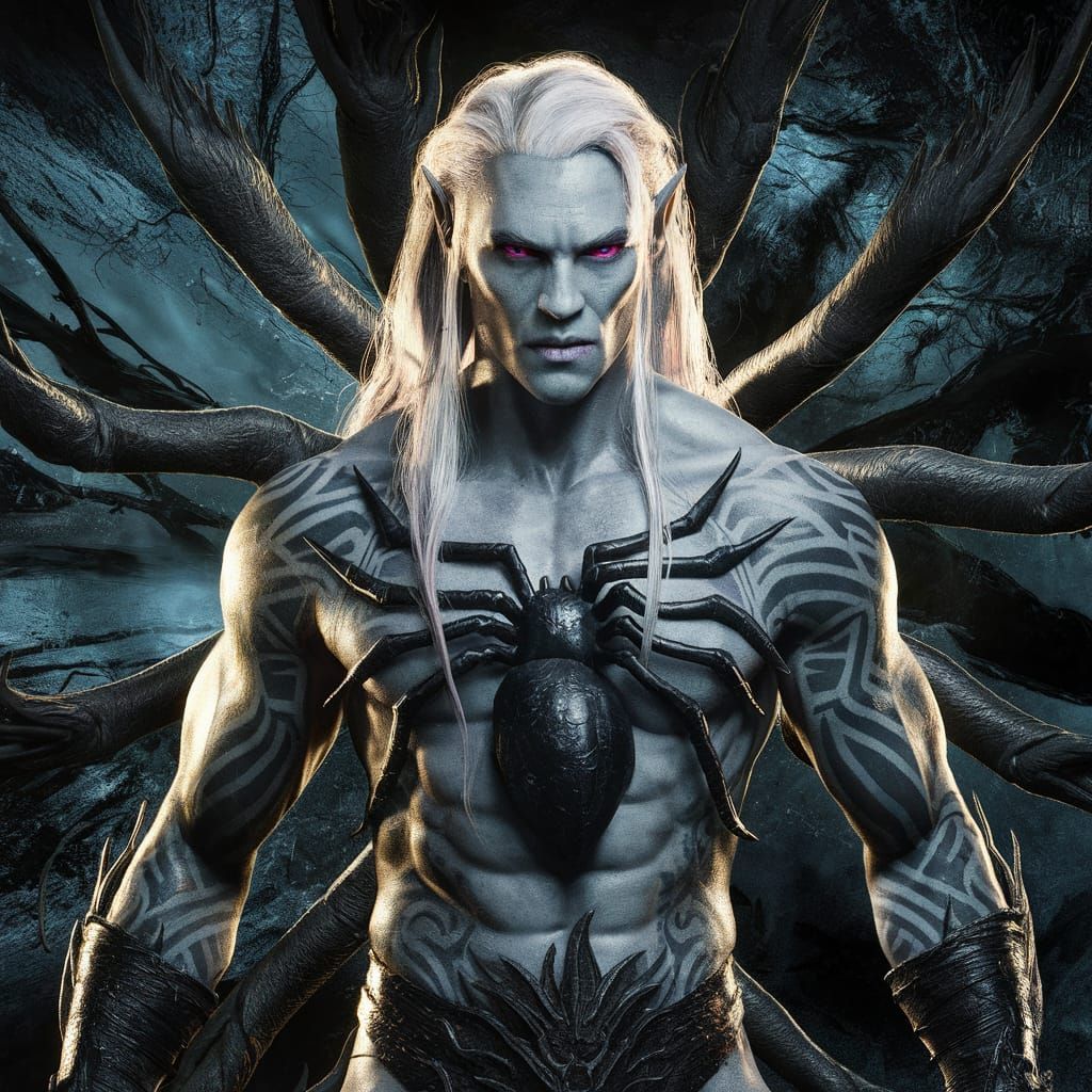 Drow Warrior in Dark Forest, Fantasy Splash Art