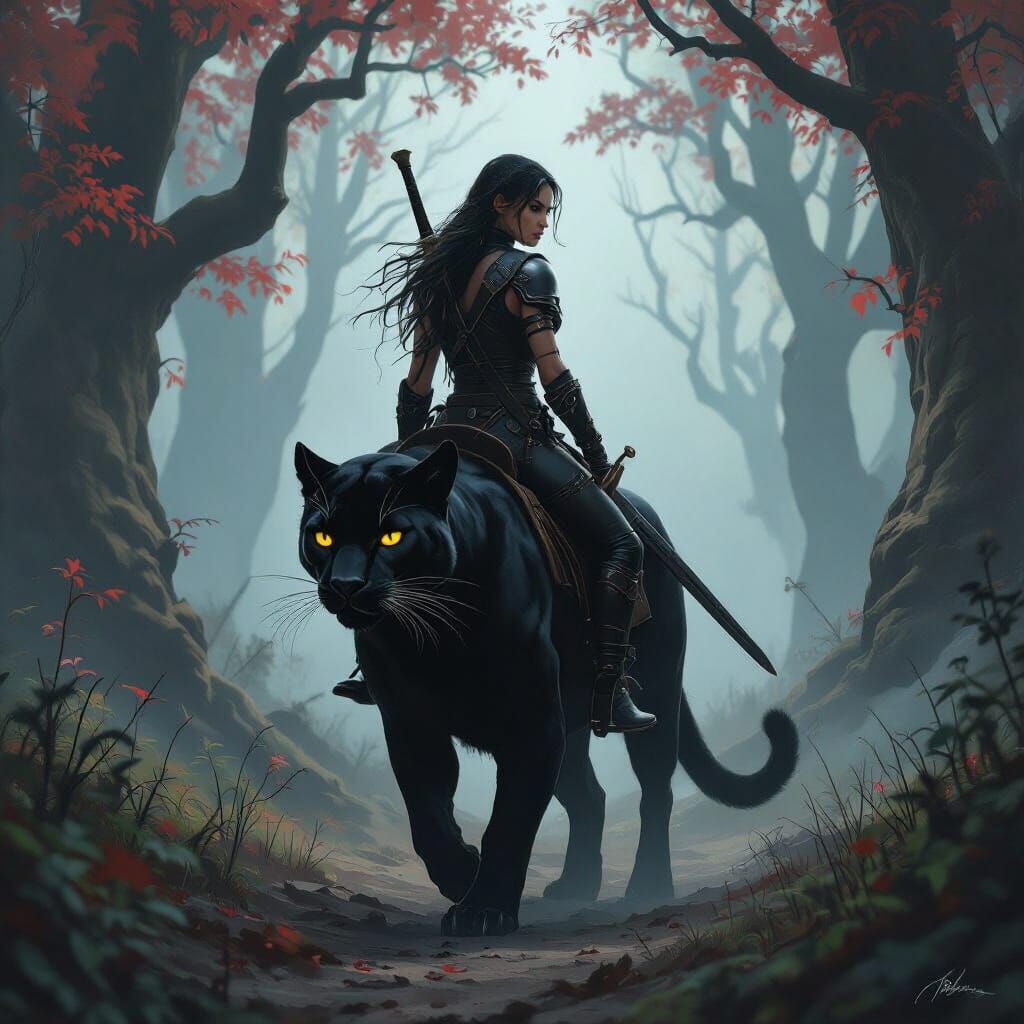 Warrior Rides Black Puma Through Misty Forest