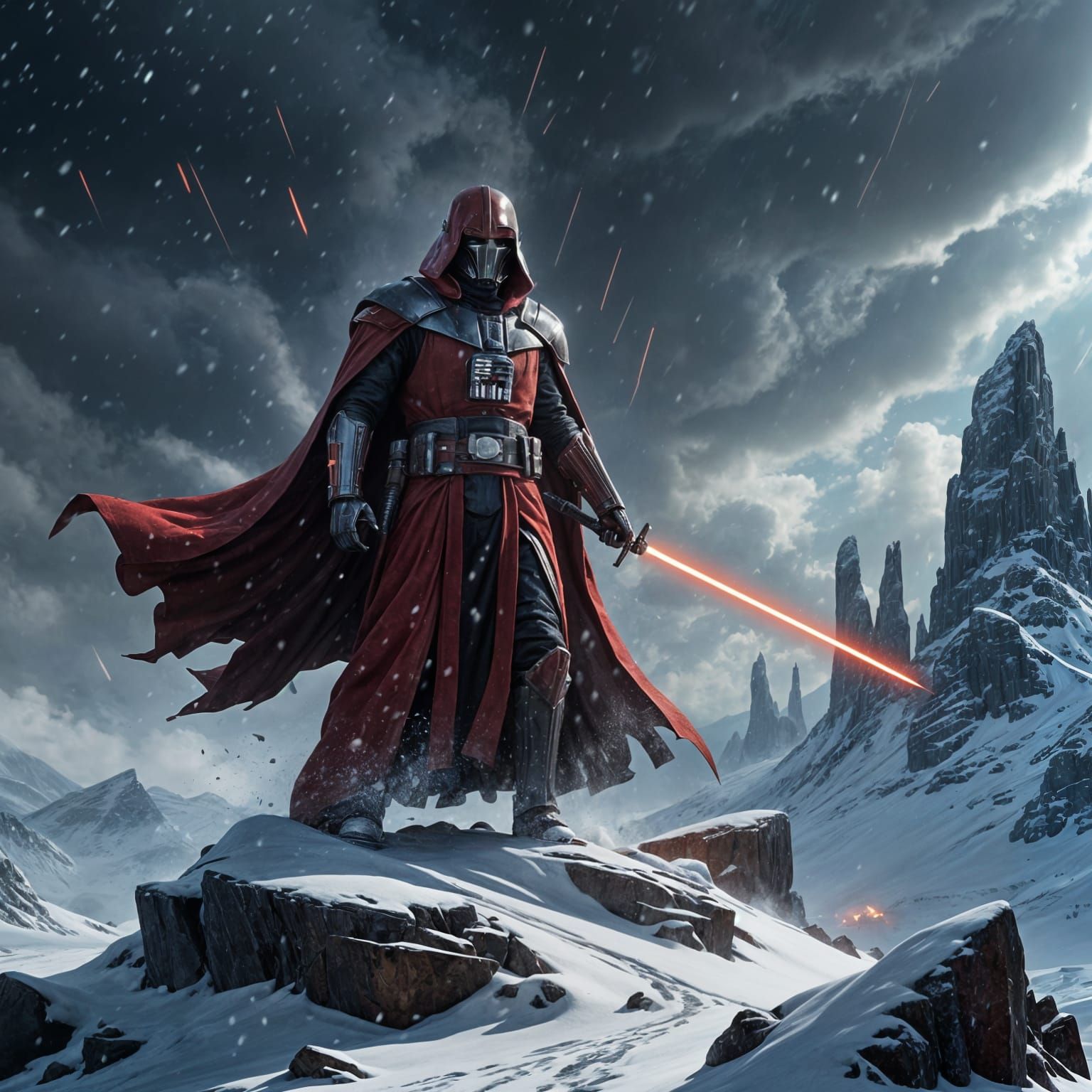 Menacing Sith Inquisitor Warrior on Snowy Pinnacle