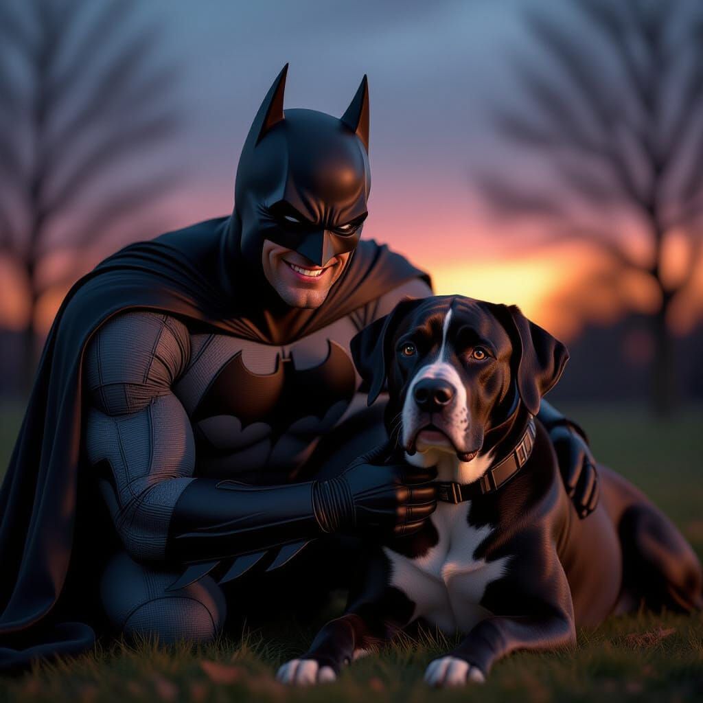 Batman Gently Pets Great Dane at Twilight