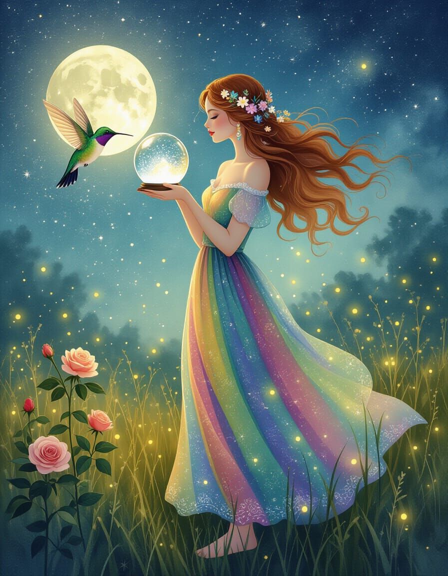 Serene Woman with Fireflies in Dreamy Airbrush Style
