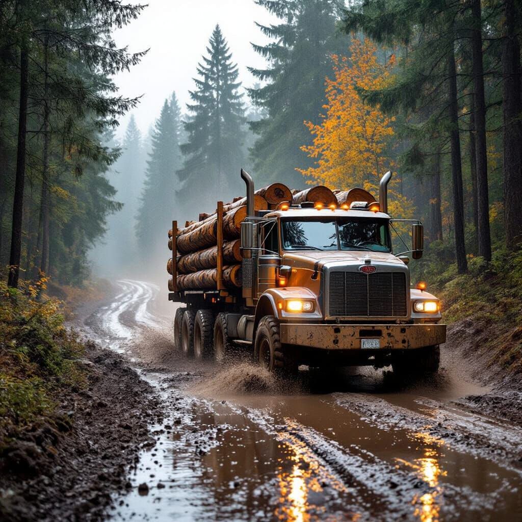 Logging Truck Navigates Muddy Forest Road in Autumn Rain