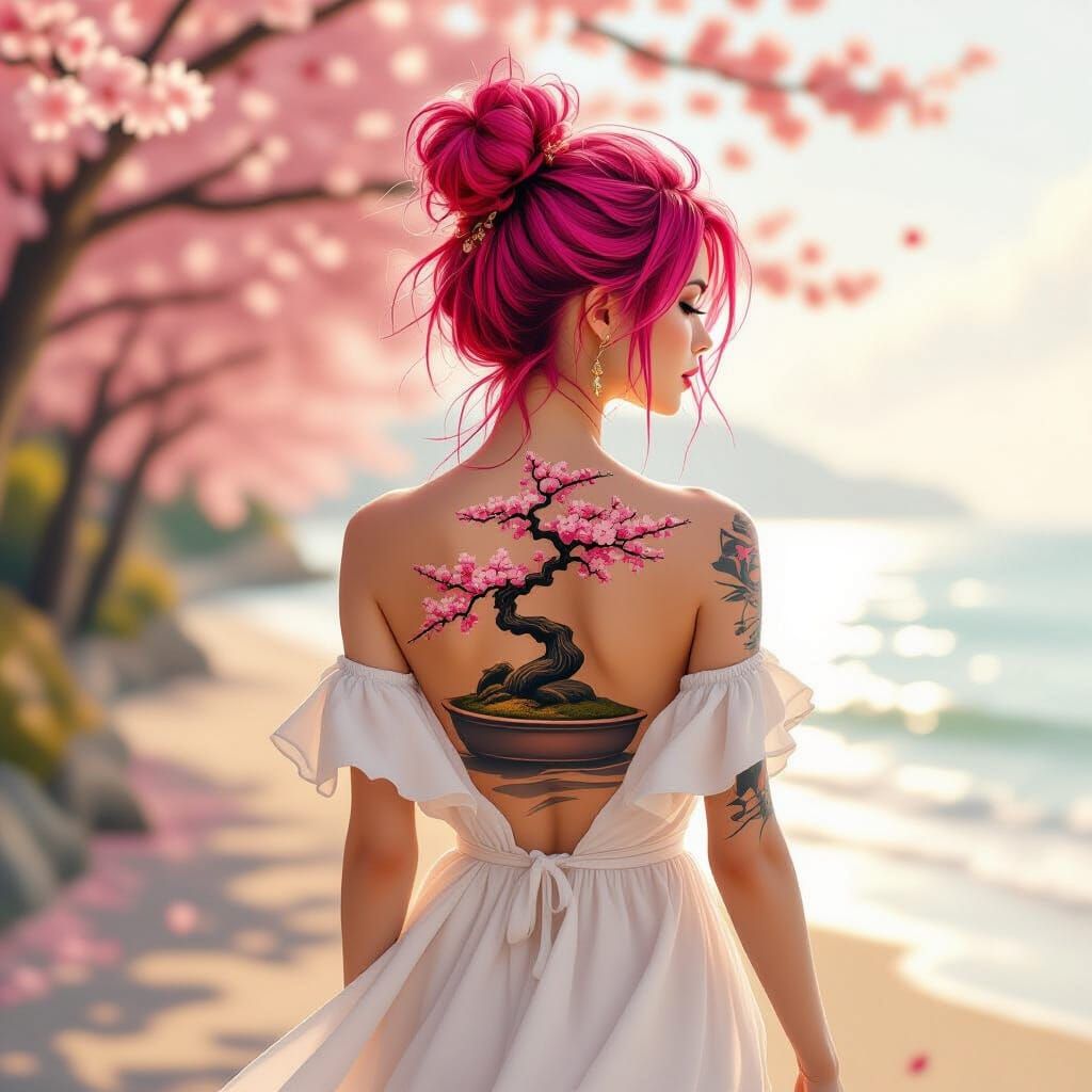 Woman with Cherry Blossom Tattoo in Digital Art Style