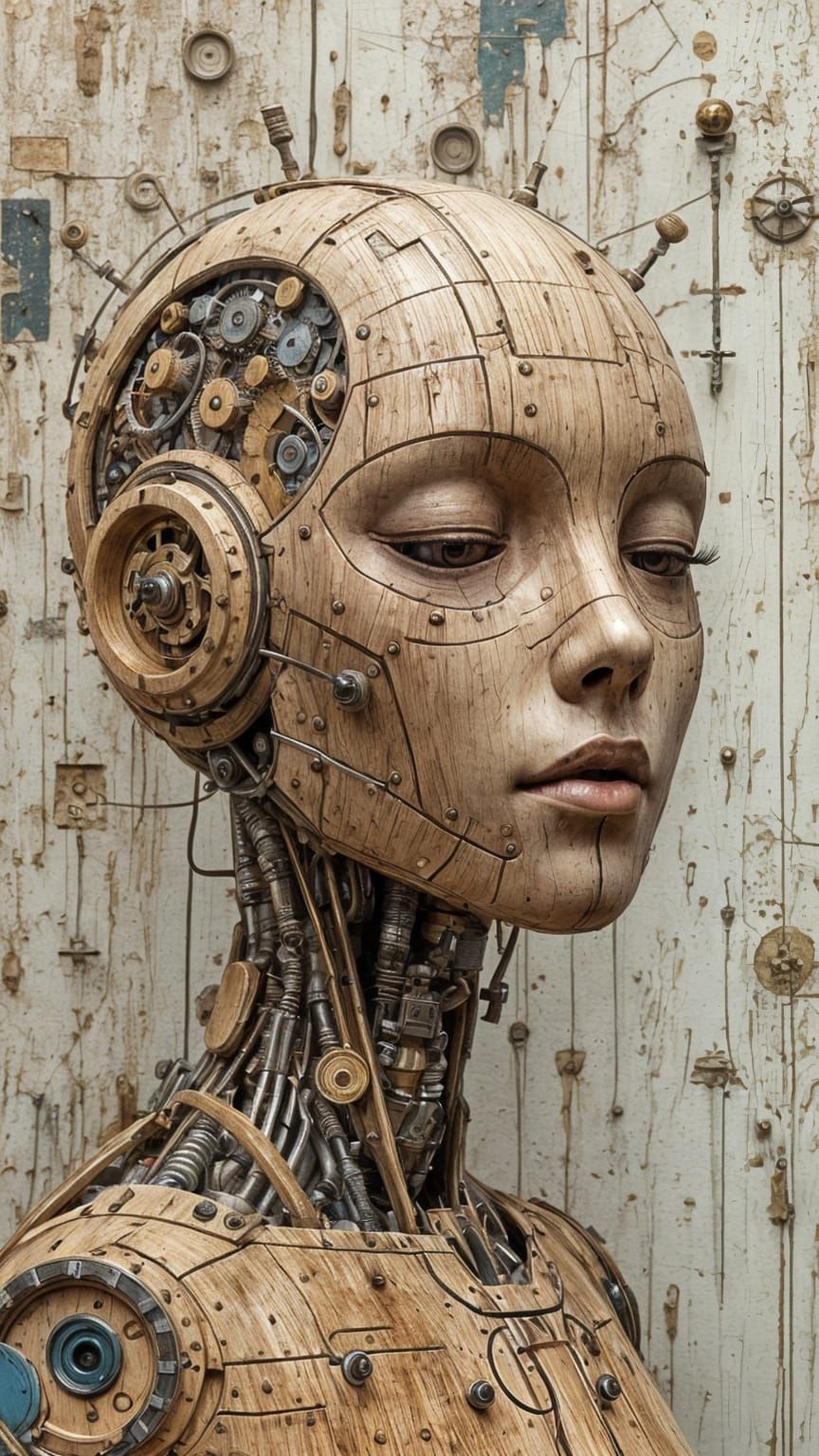 Anthropomorphic Wooden Robot Portrait in Impasto Style