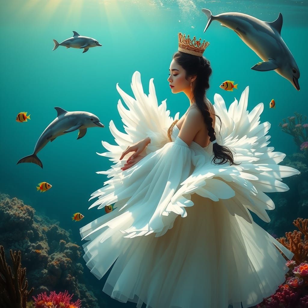 Swan Queen Odette in Ocean Depths, Photorealistic Style