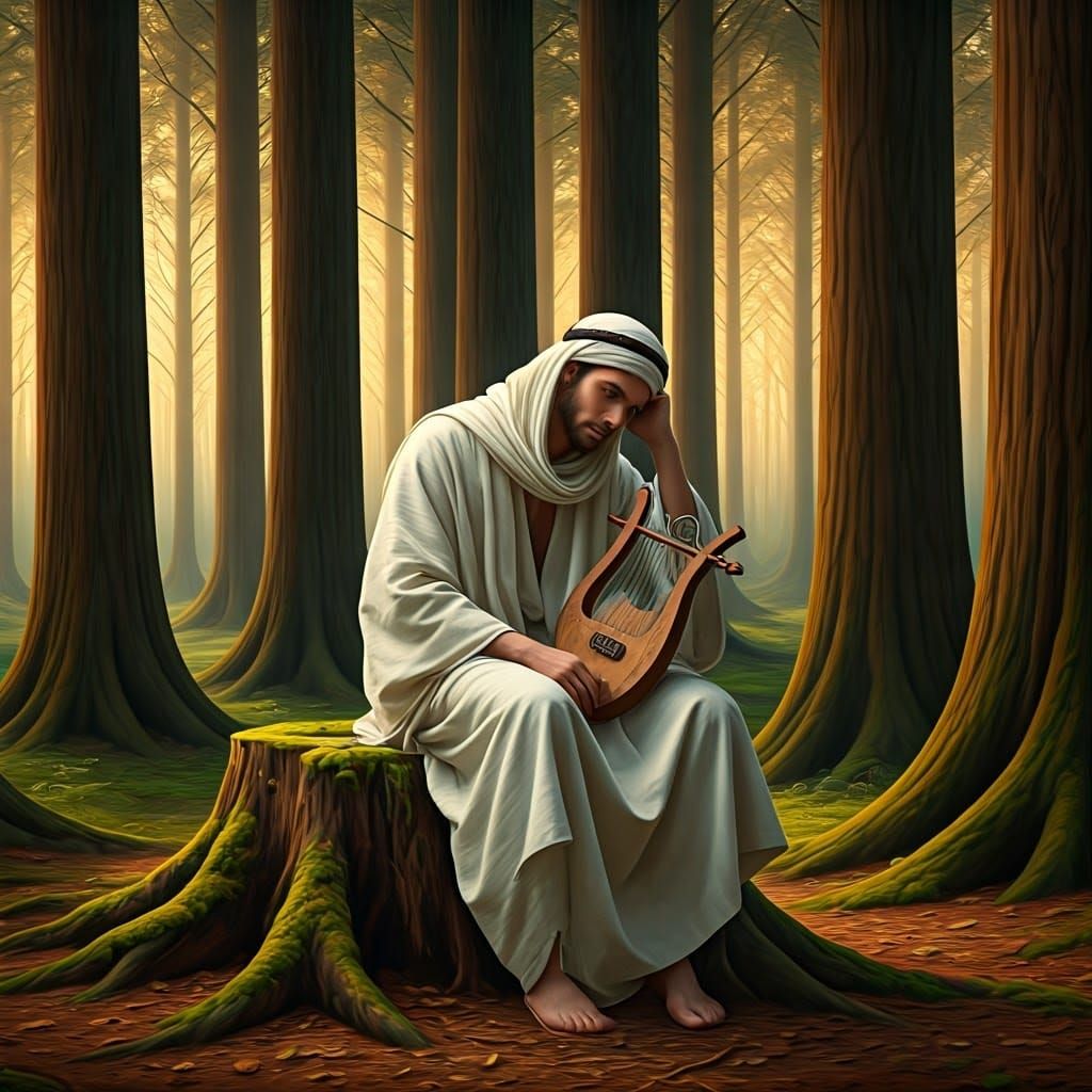 Young Man in Ancient Attire Contemplates Nature