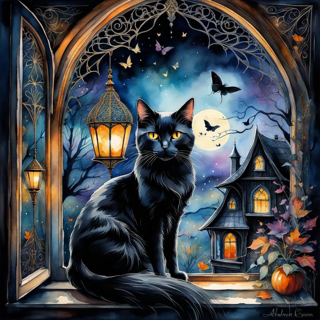Black Cat in Witch Cottage: Watercolor and Ink