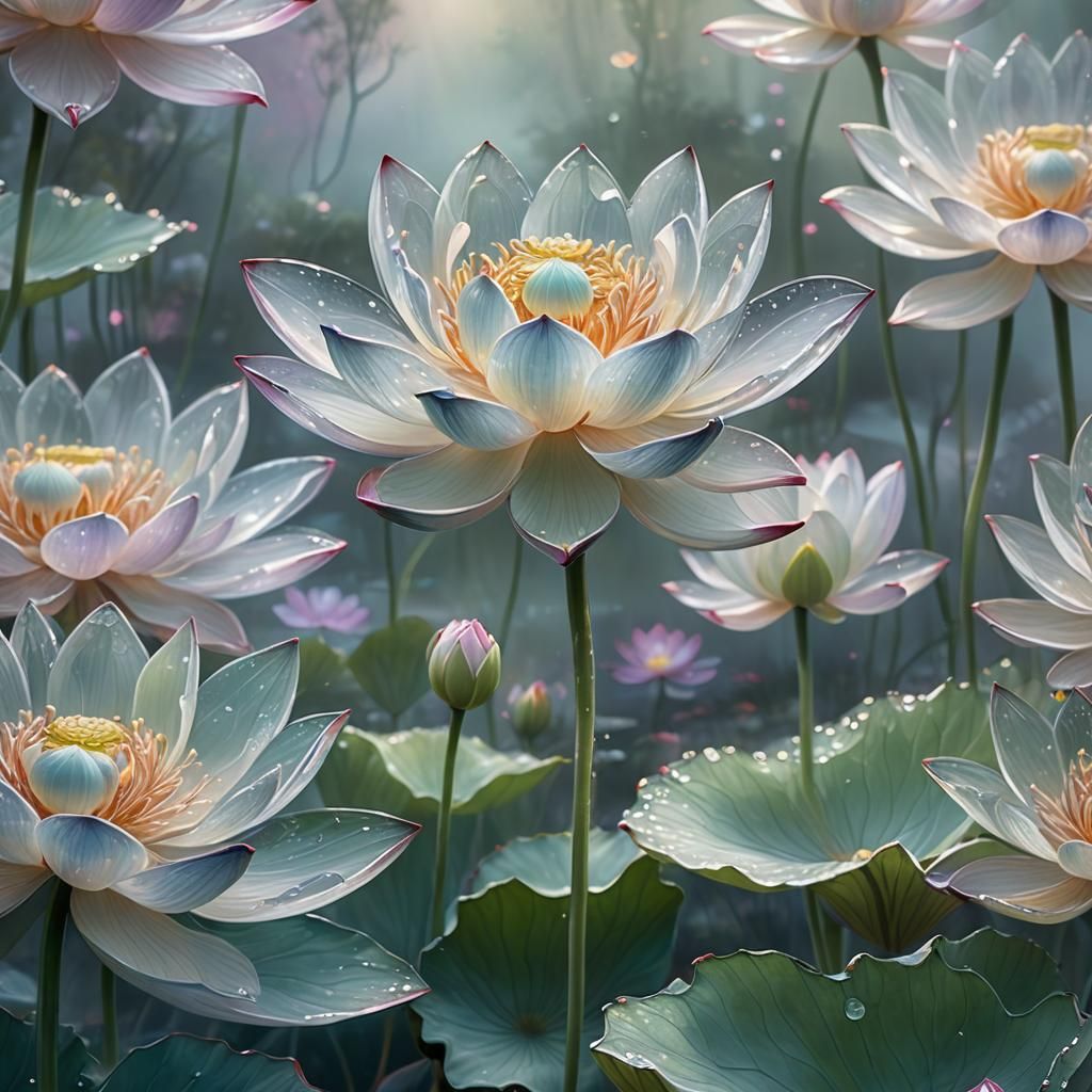 Ethereal Lotus Flowers in Dreamlike Landscape