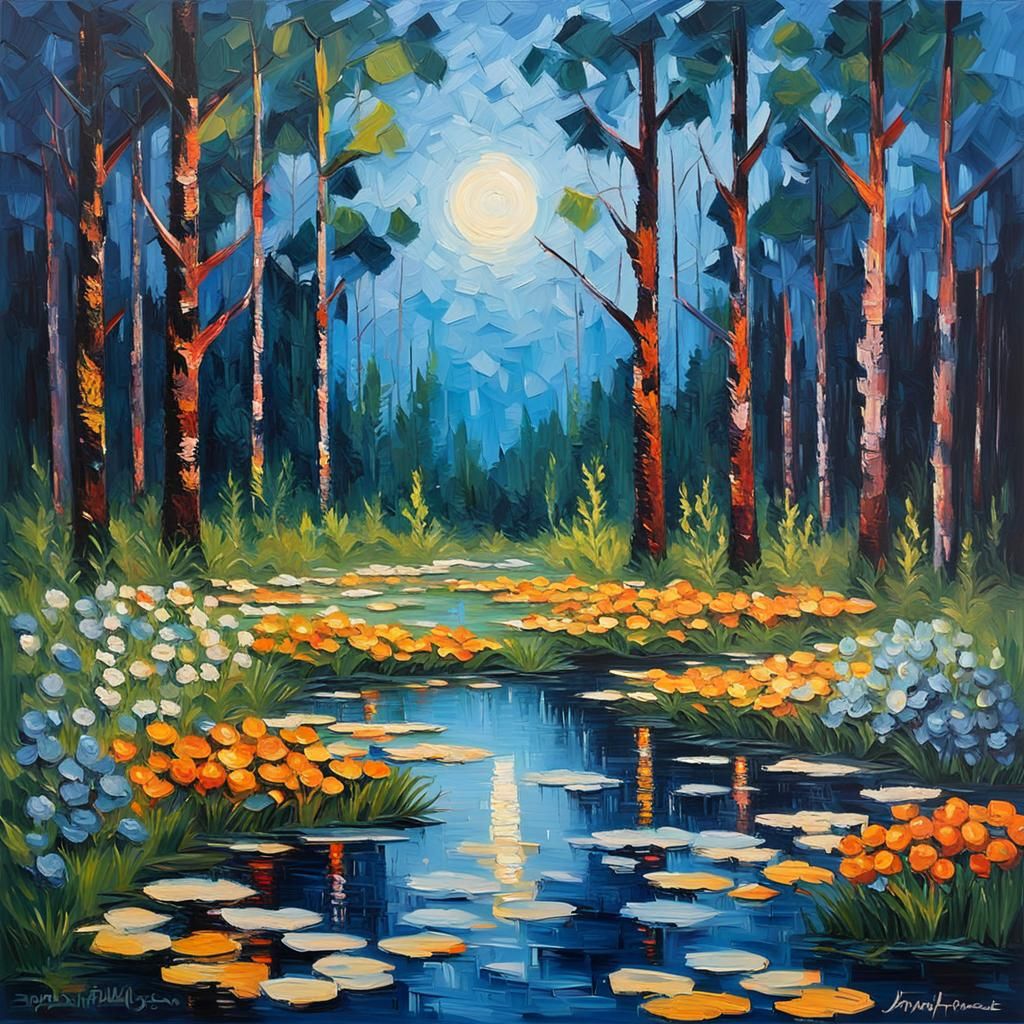 Enchanted Forest Swamp at Blue Hour as Impasto Painting
