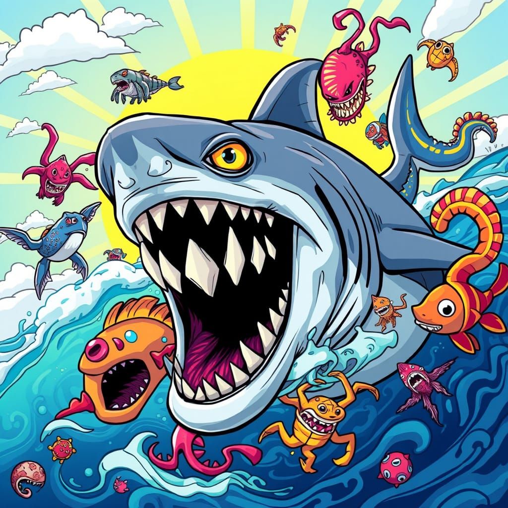 Malpelo Monster shark, colorful comic style by Ian Churchill