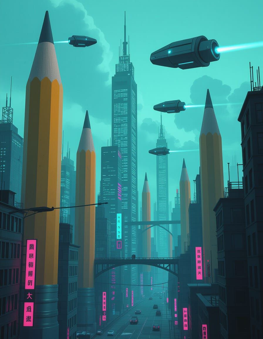 Surreal Pencil Cityscape with Neon Skies