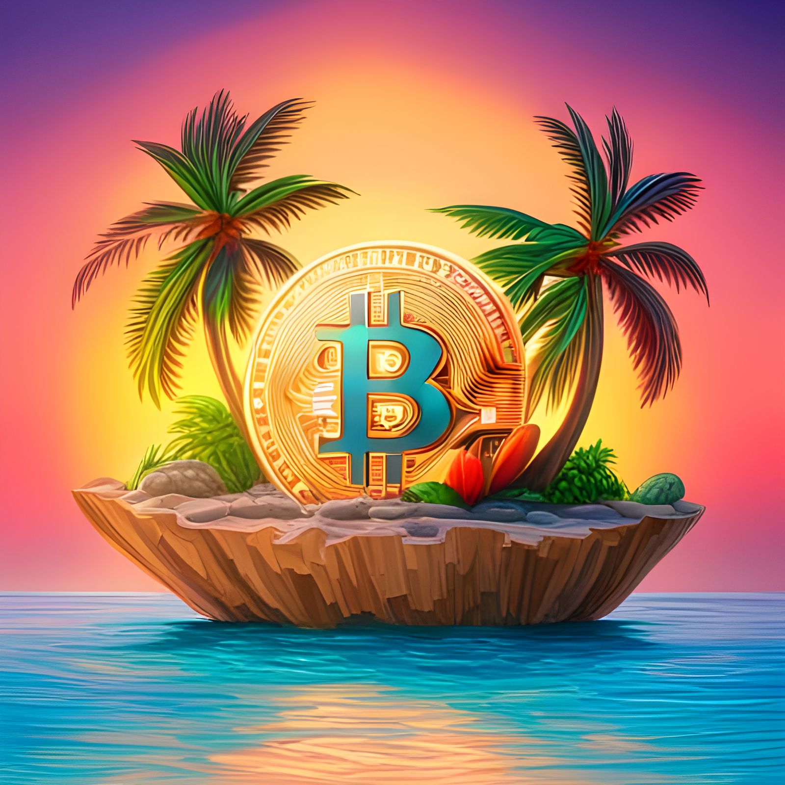 bitcoin logo on a caribbean island with palms, a turtle, sundowner, coconuts
