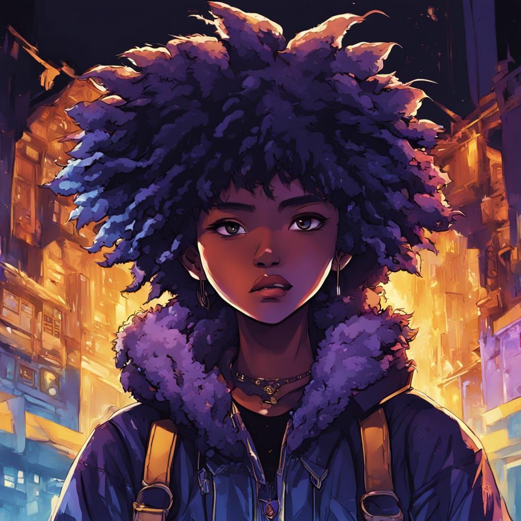 Blasian Teenage Girl in Vibrant Anime Attire with Afro
