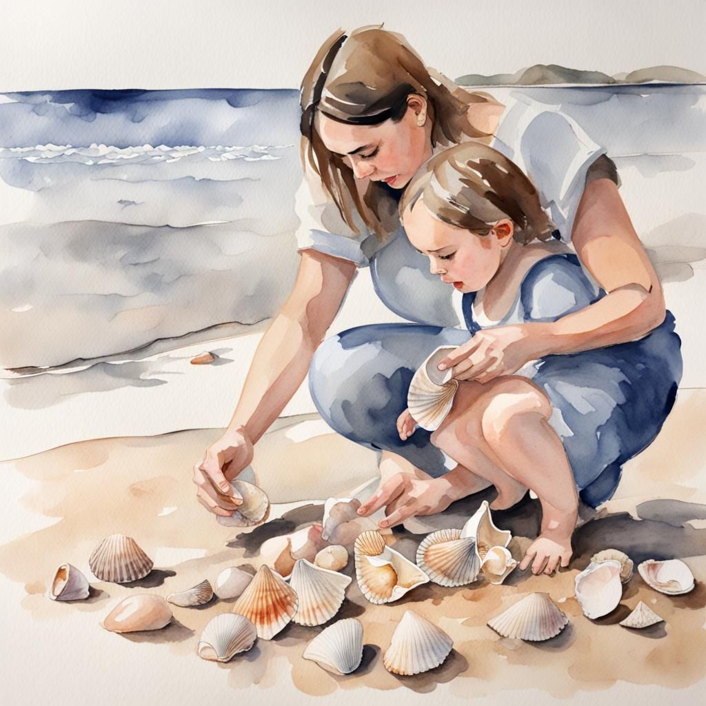 Mother and Child Collecting Seashells in Watercolours