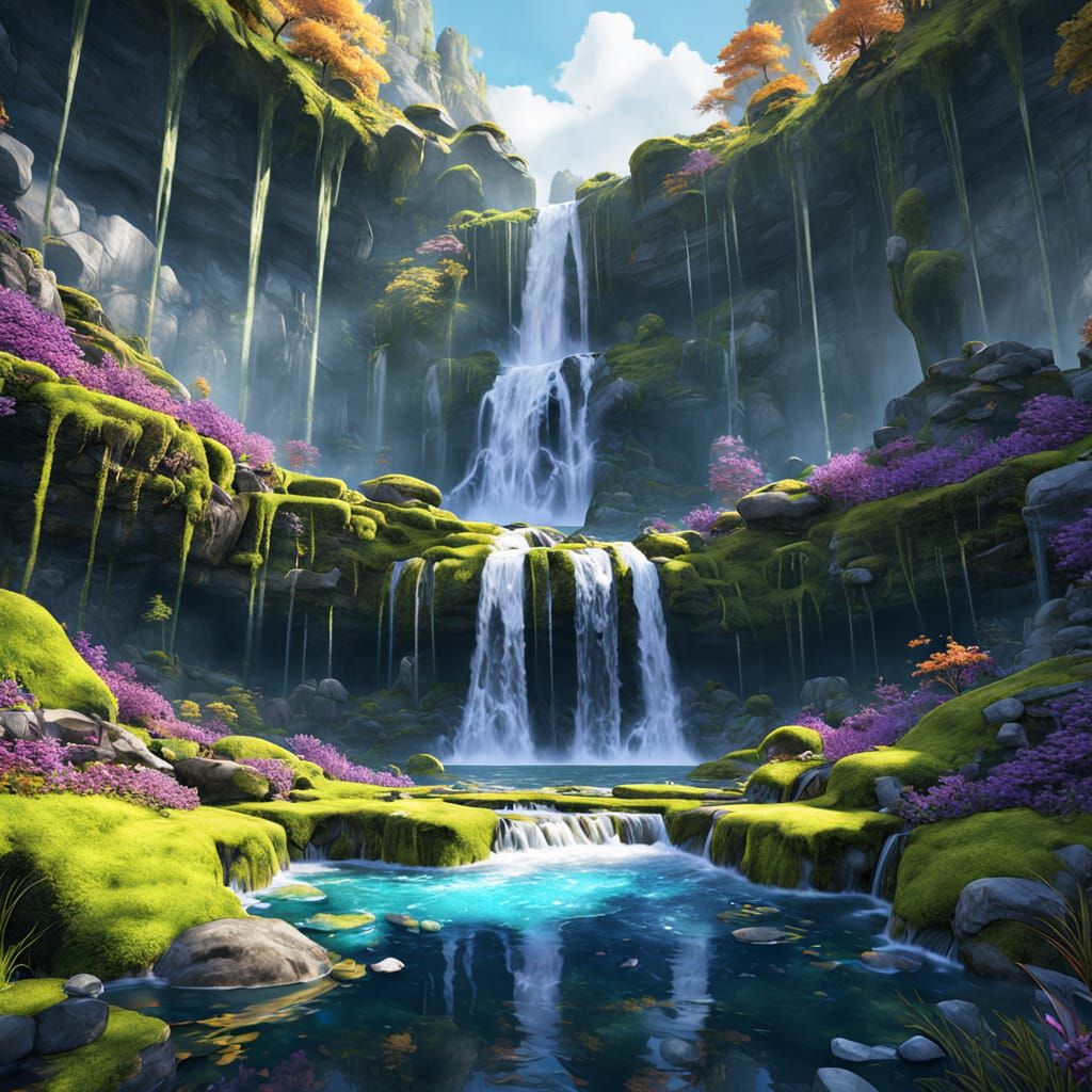 A majestic waterfall cascading down moss-covered rocks into ...