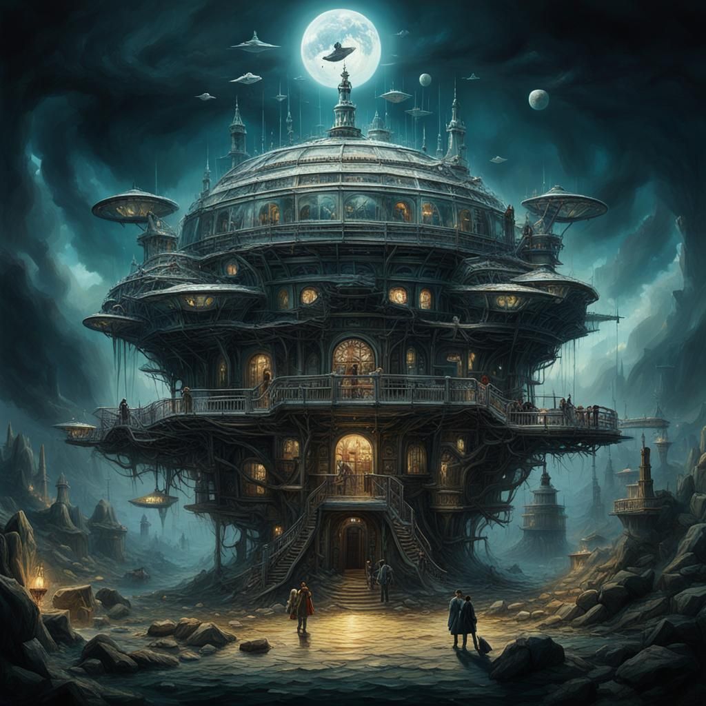 Surreal Halloween Castle Under a Giant Moon