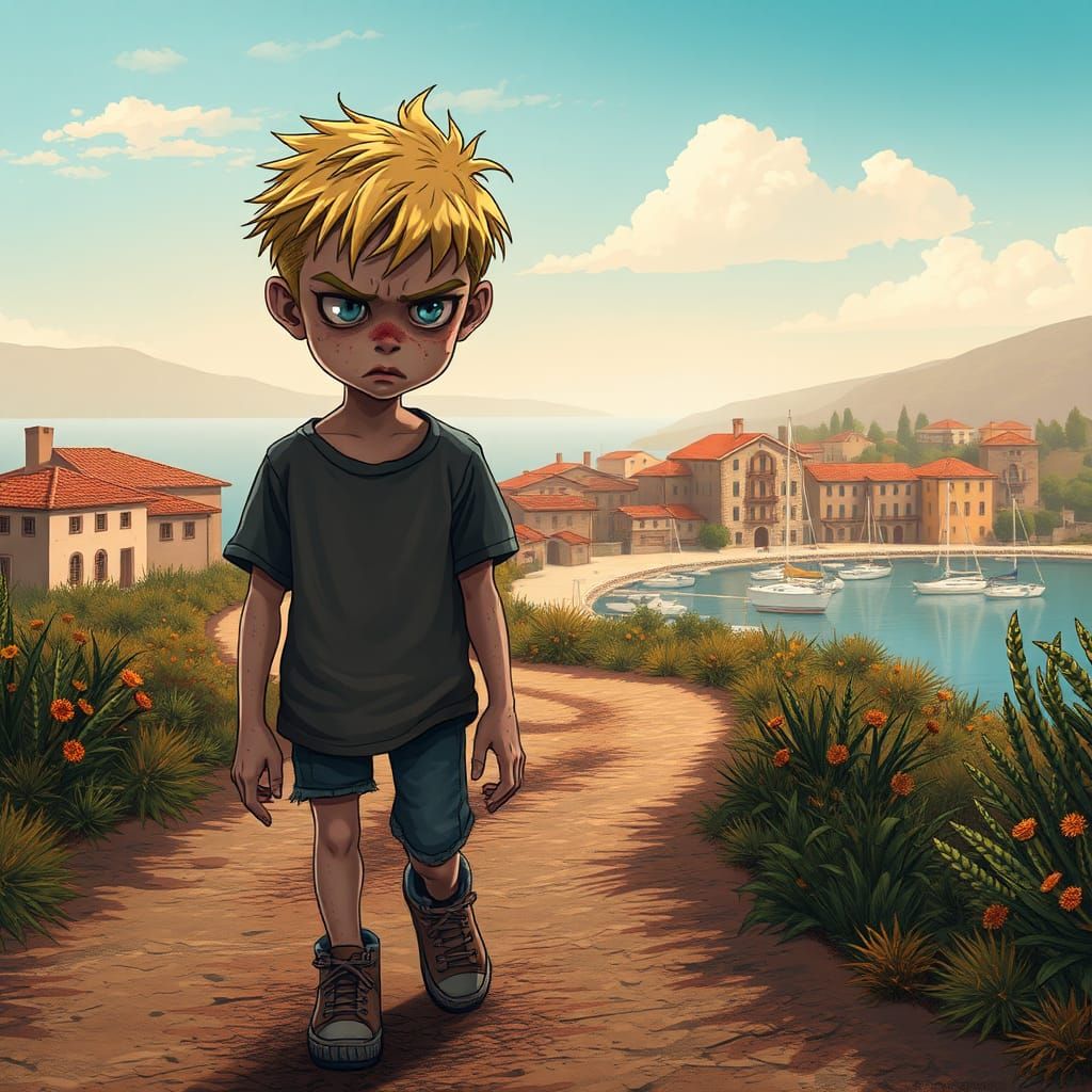 Zombie Kid Walks Sunny Dirt Road: Concept Art