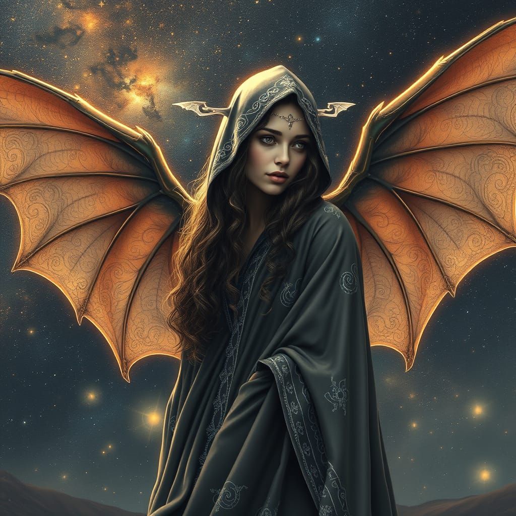Stunning Woman with Bat Wings against Starry Night Sky in Gr...