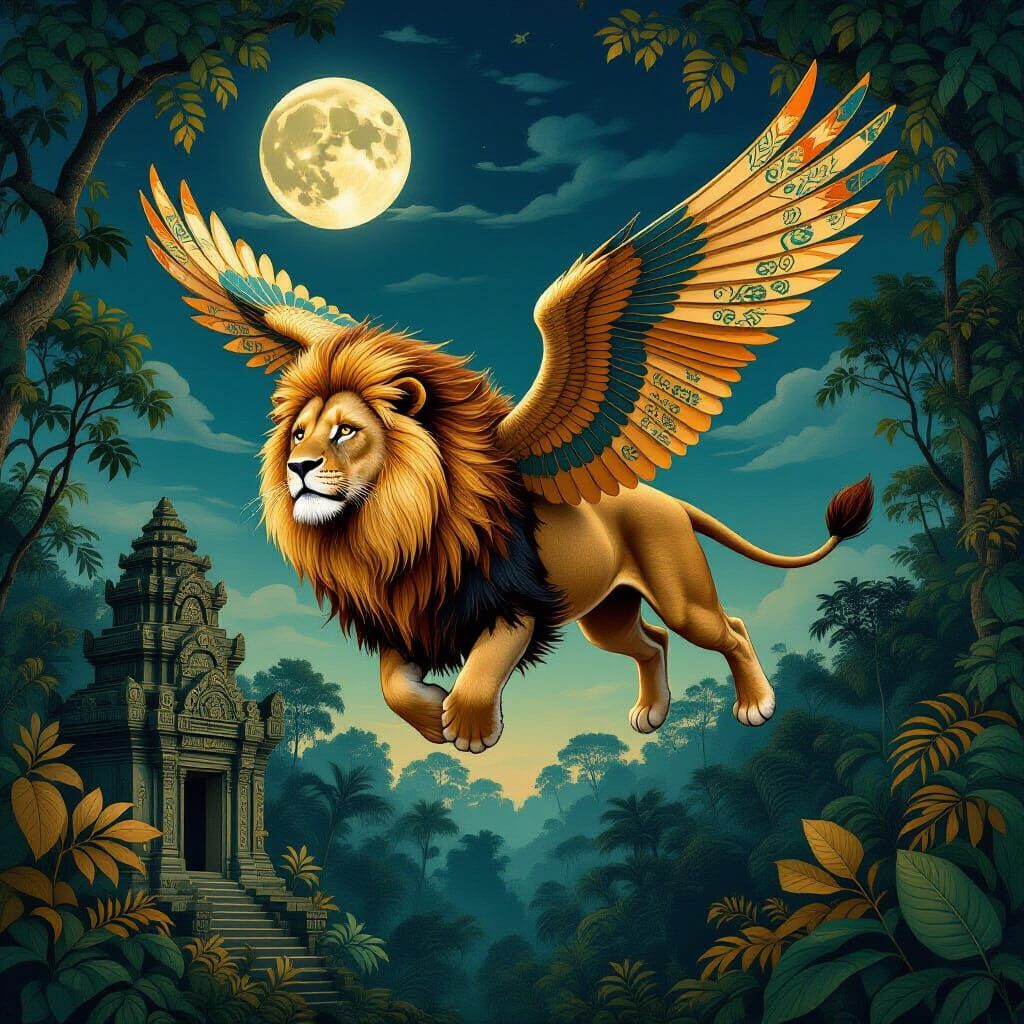 Steampunk Lion Soaring Through Twilight Jungle