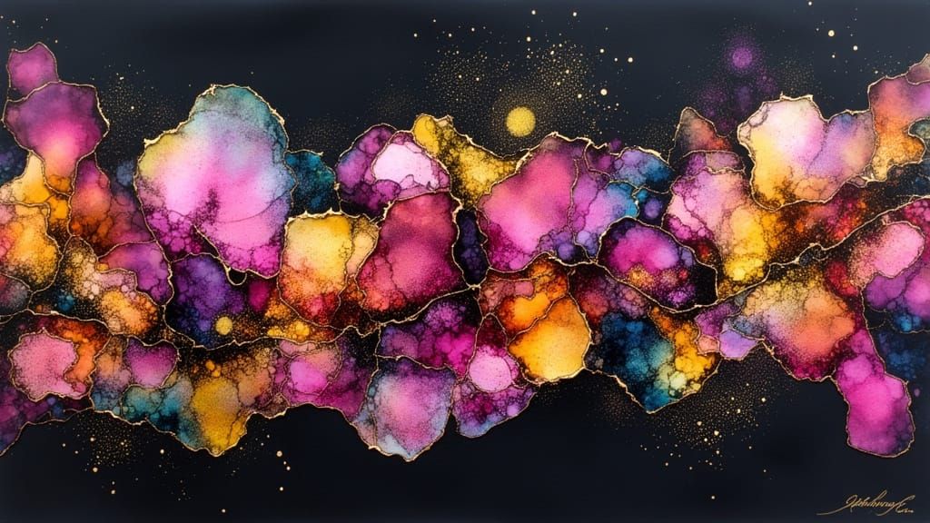 Monochrome Alcohol Inks Swirl on Black Paper