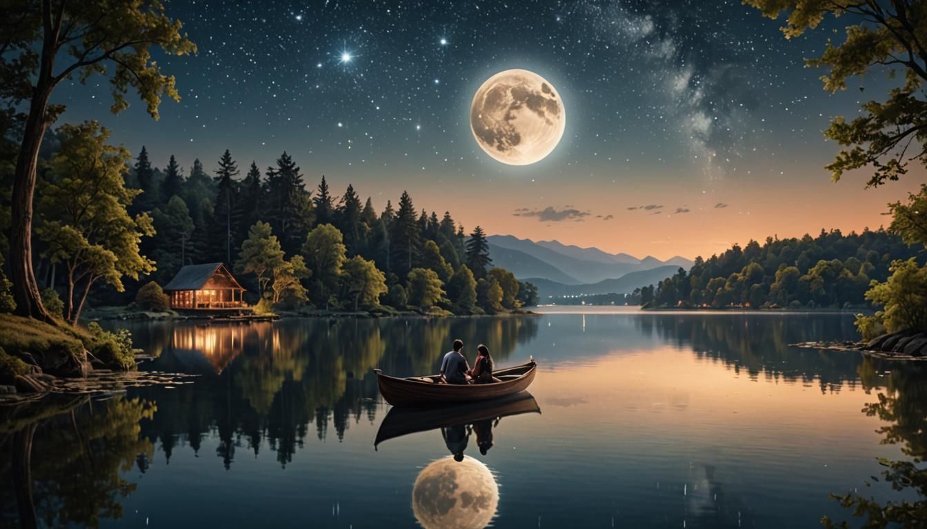 Serene Lakeside Scene at Dusk: Couple's Embrace