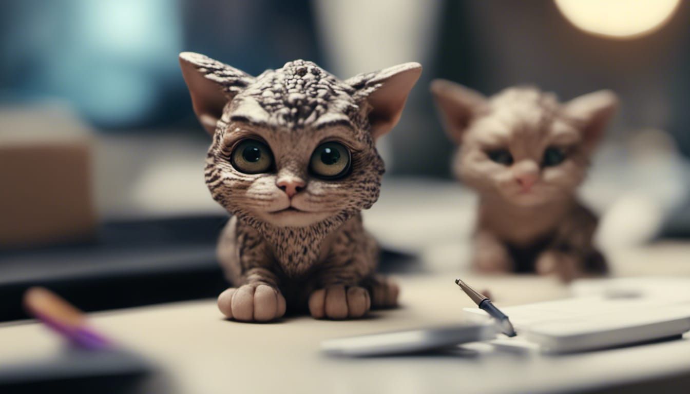 Cute Cat-Dragon Hybrids Play in Office, 3D Render