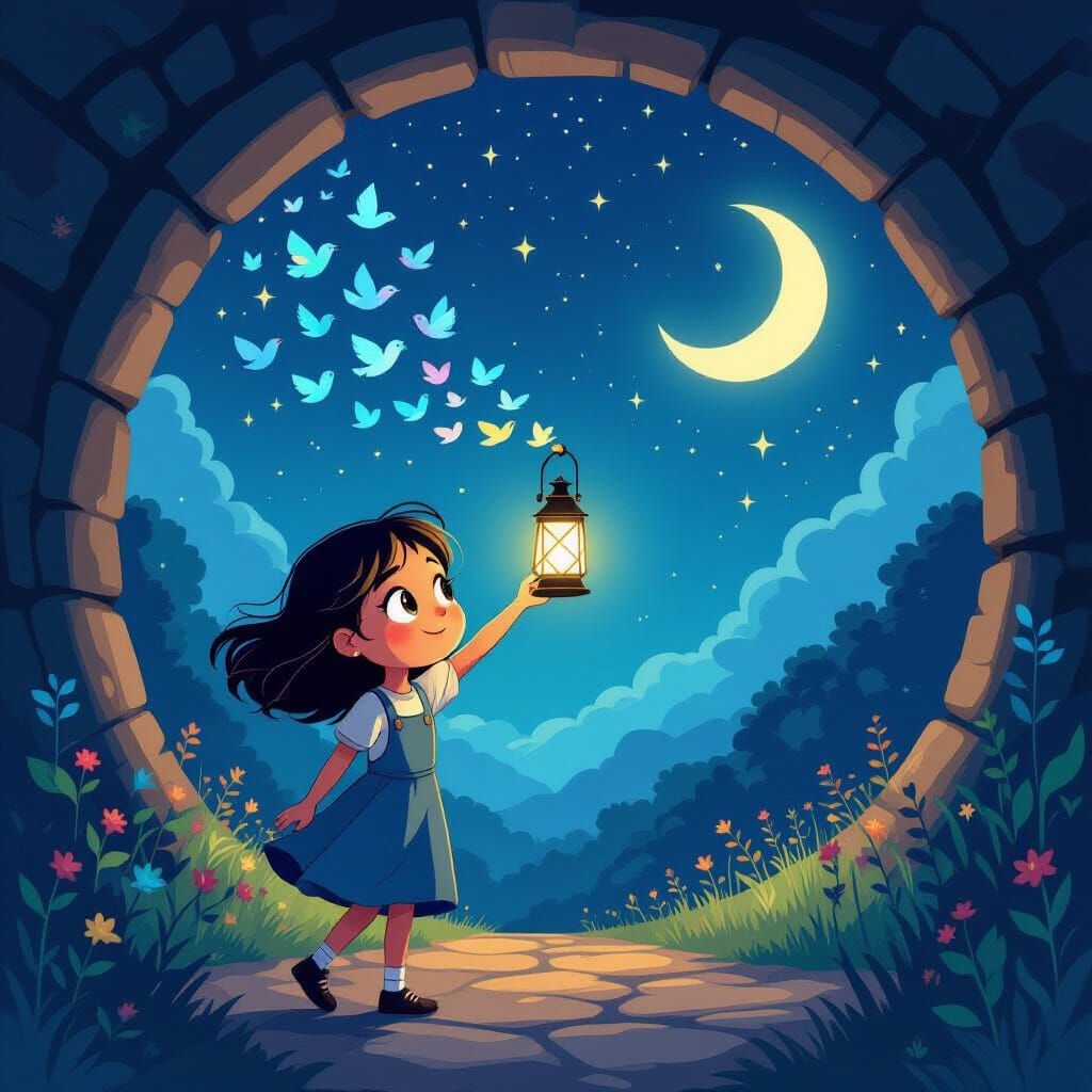 Girl with Lantern and Birds in Starry Tunnel