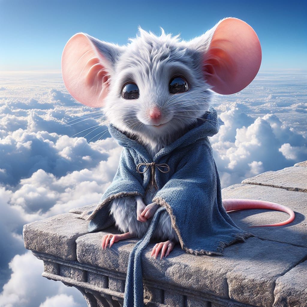 Whimsical White Mouse Soars on Sky Castle