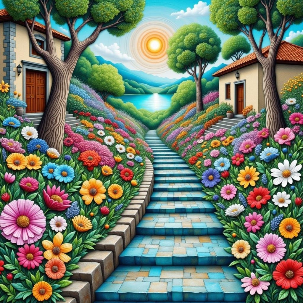 Abstract Italian Courtyard Scene in Textured Collage Style