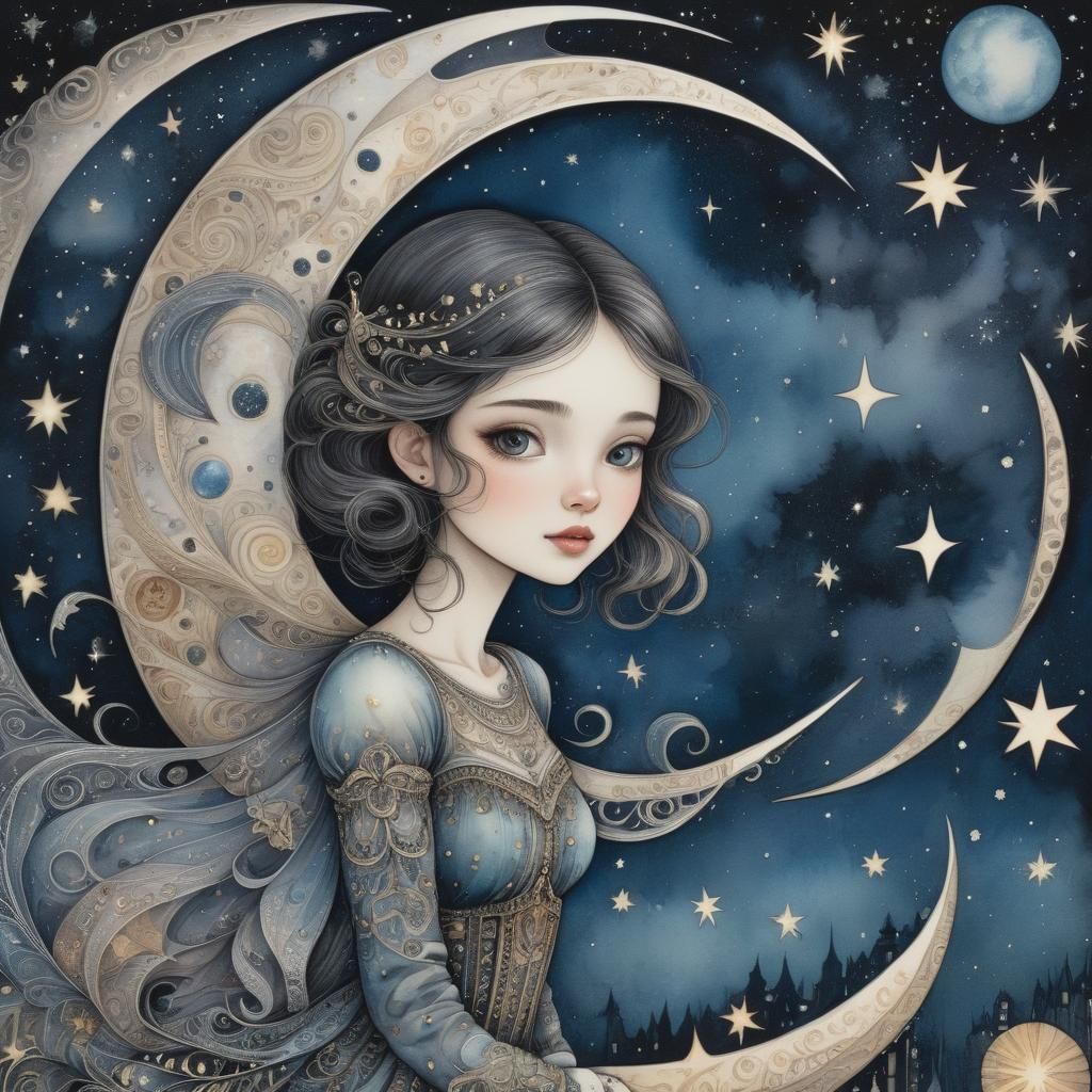 Girl on Moon in Surreal Folk Art Style