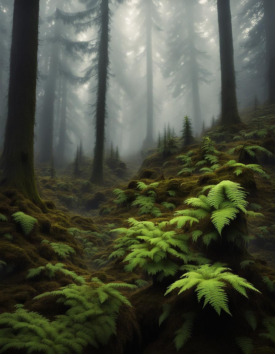 Misty Fir Forest with God Rays and Bokeh