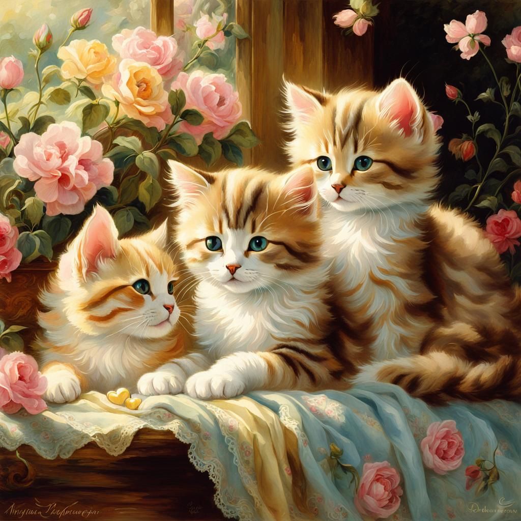 Kittens Playing with Hearts in Victorian Watercolor Style