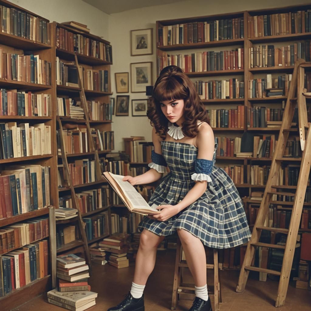 Crossdressing Boy Reaches for Book on Ladder