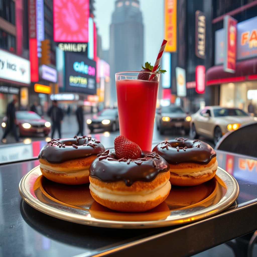 Cyberpunk City Rain: Donuts & Glowing Drink on Gold Plate