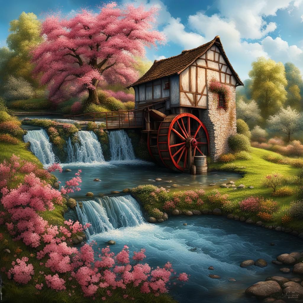 Hyperrealistic Water Mill with Cherry Trees, Digital Paintin...
