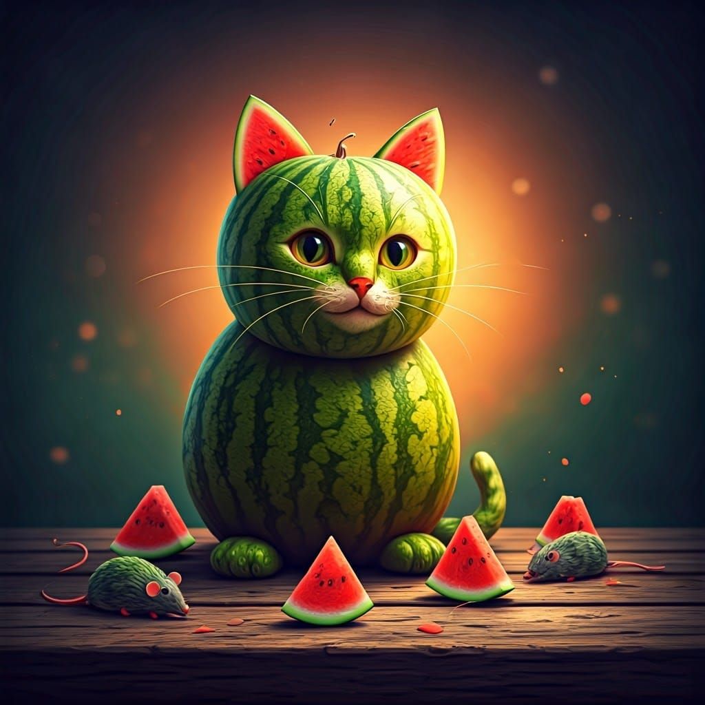 Vibrant Watermelon Cat Hunts Watermelon Mice in a Whimsical ...
