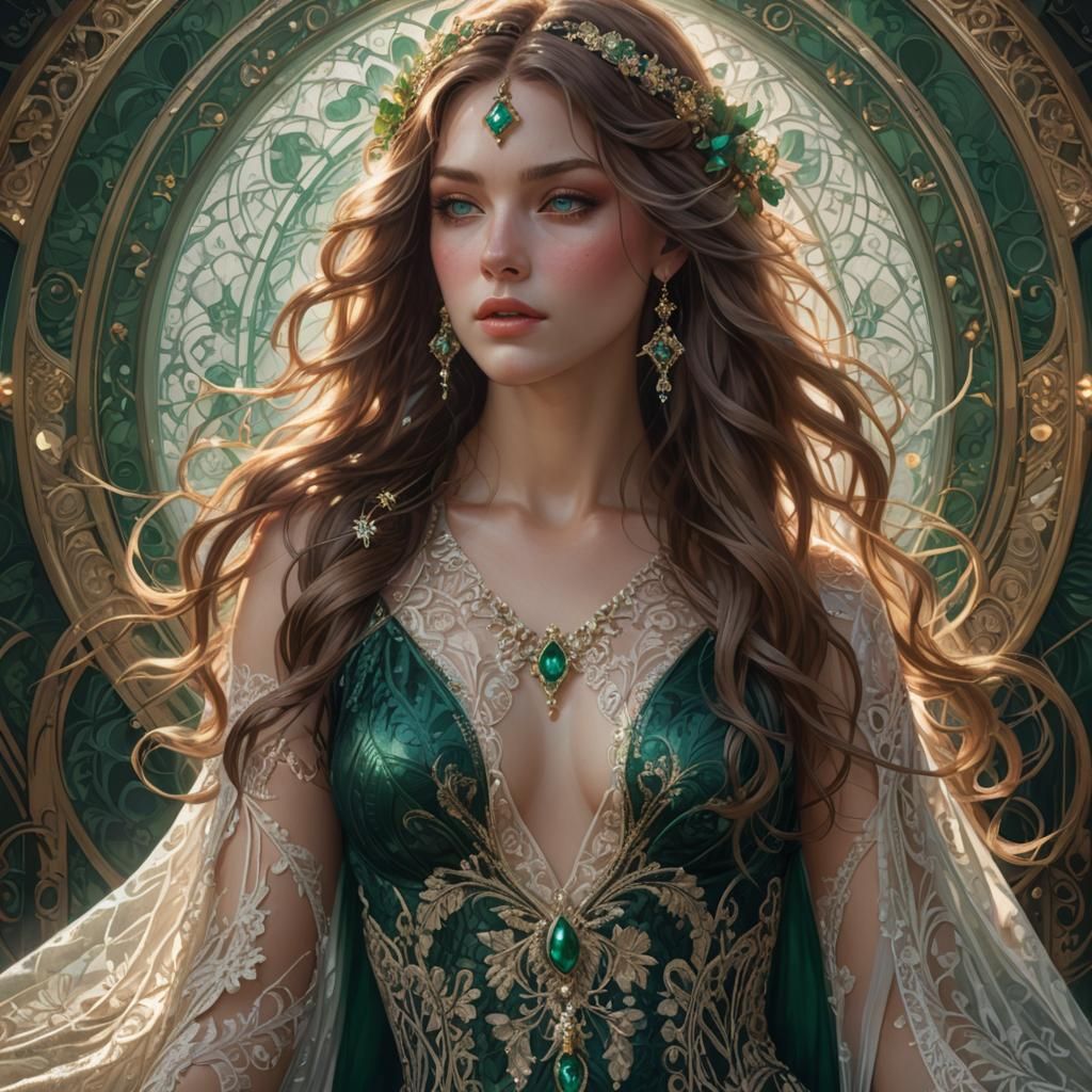 Emerald-Eyed Woman in Gown, Digital Art Portrait