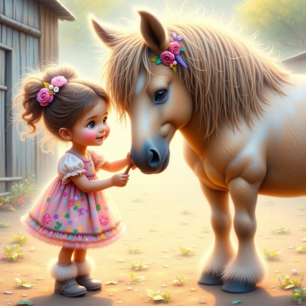 Young Girl Brushing Pony in Sunlit Farmyard