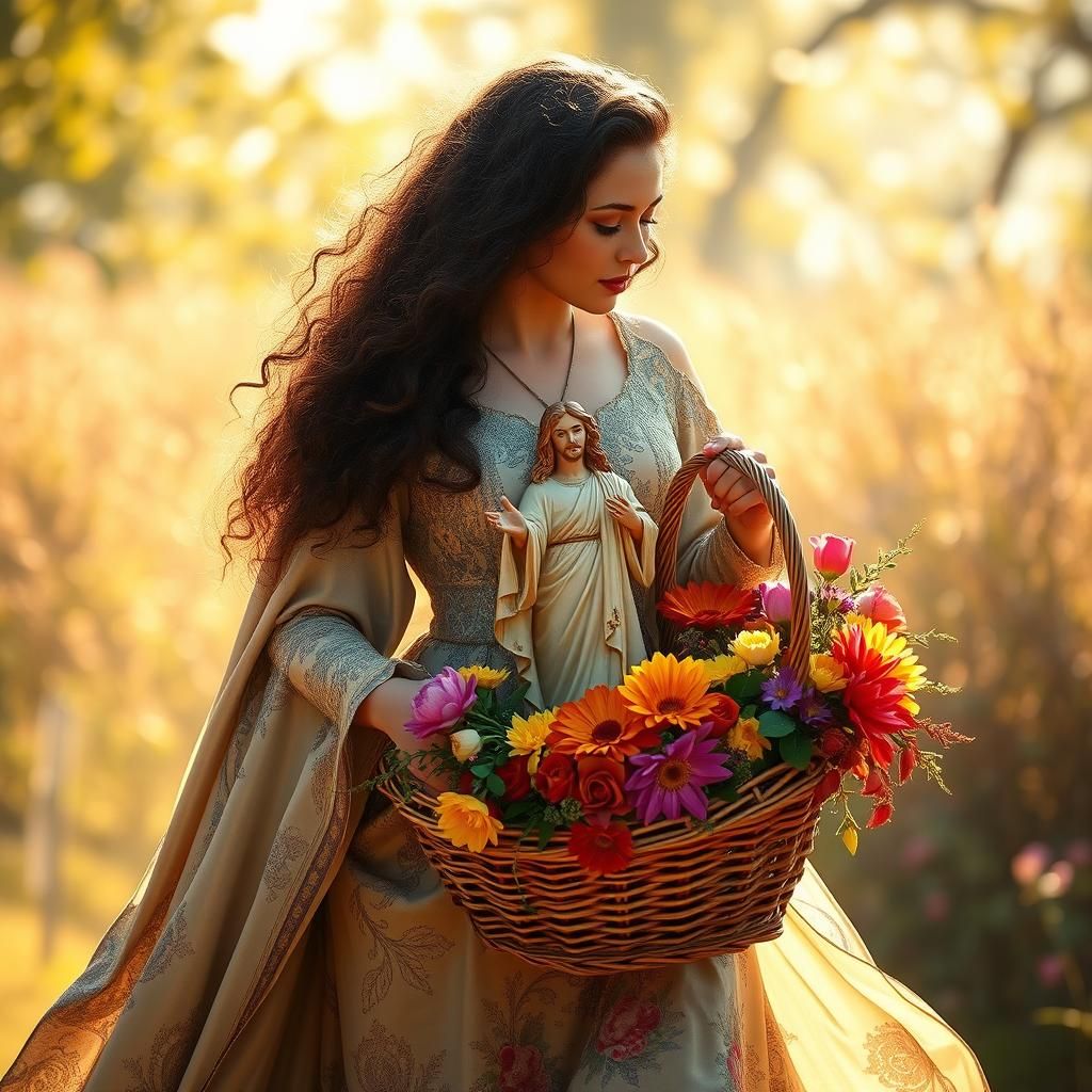 Woman Carrying Jesus Statue in Romantic Style