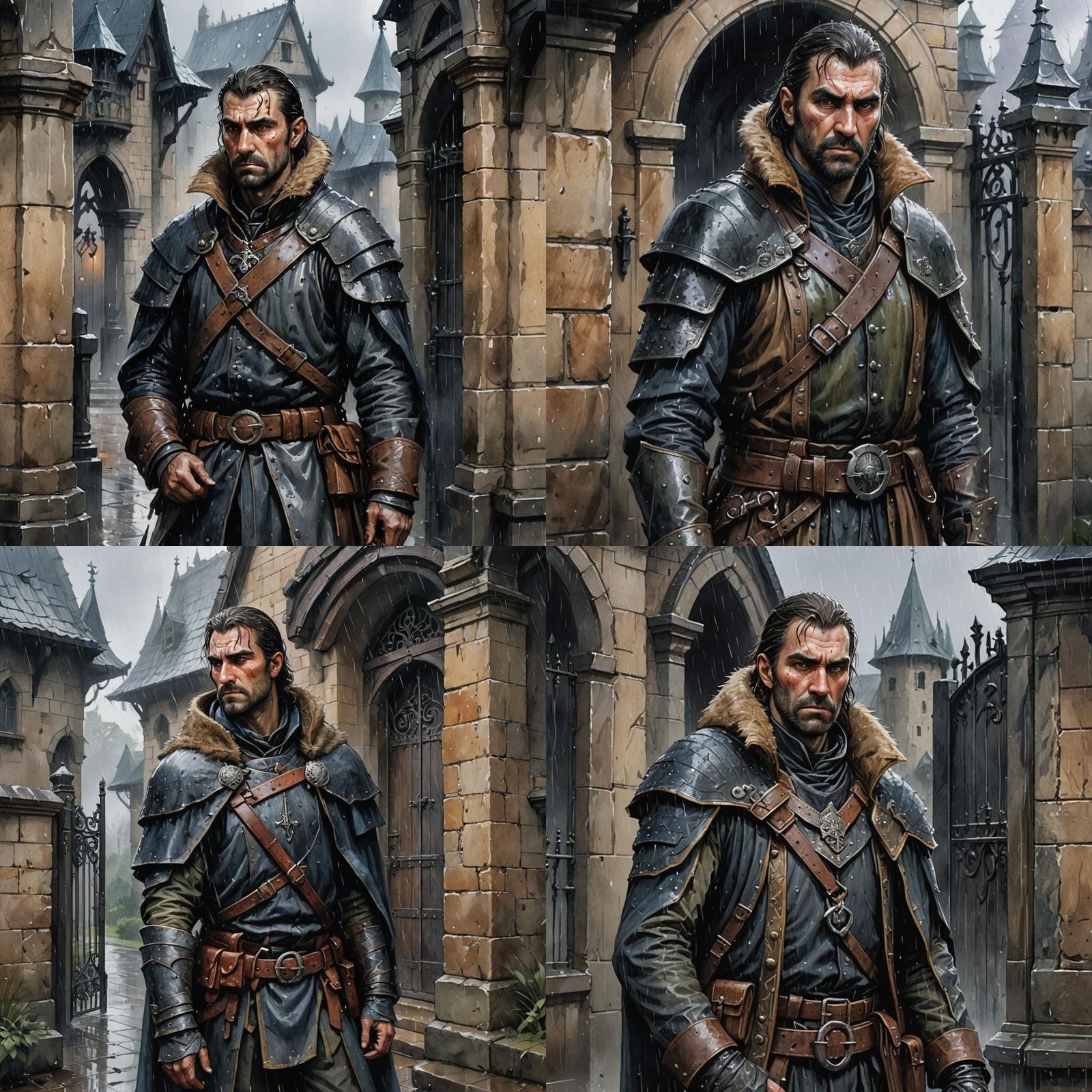 Melancholy Guard in Rain: Fantasy Watercolor Painting