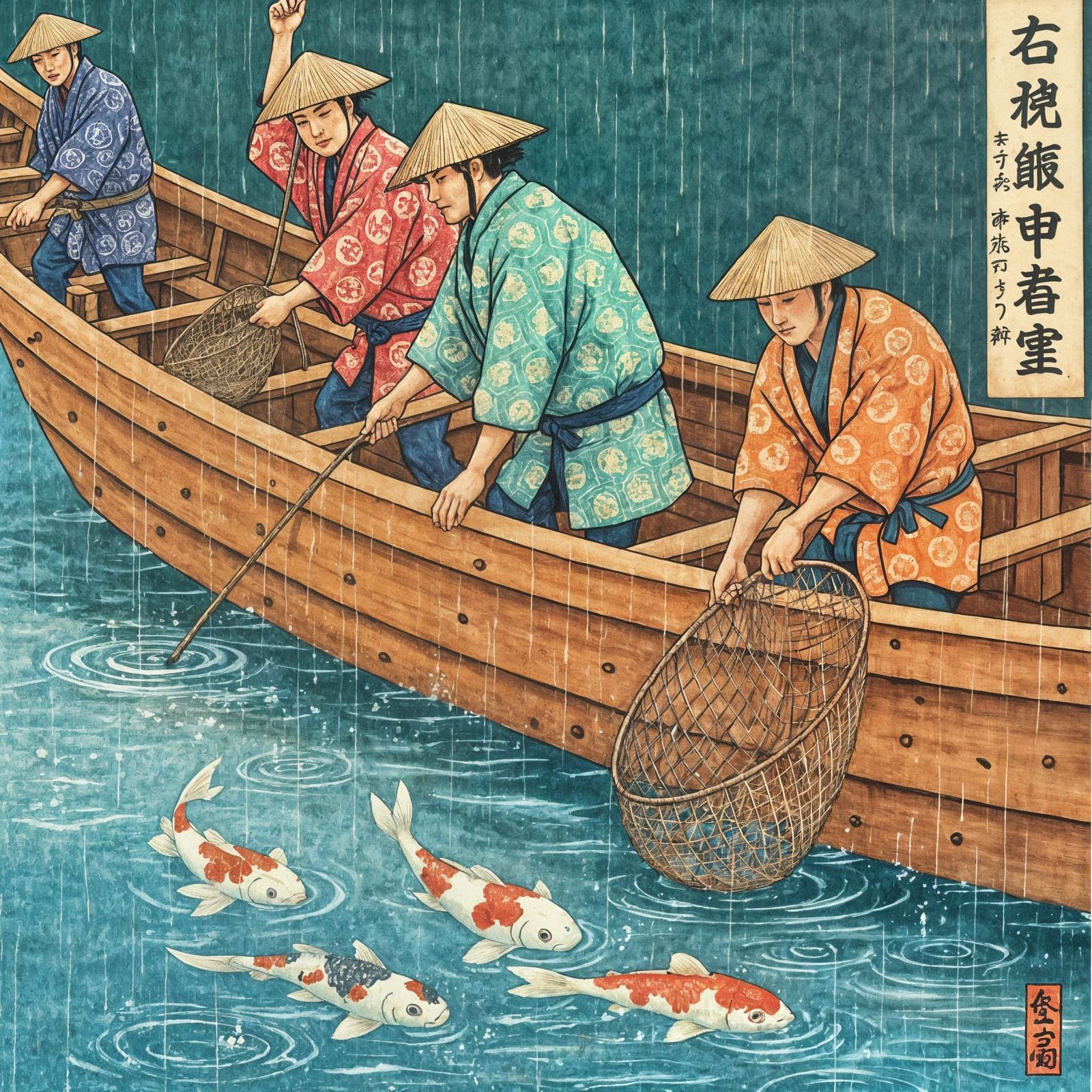 Edo Fishermen Casting Nets in Rainlit Water