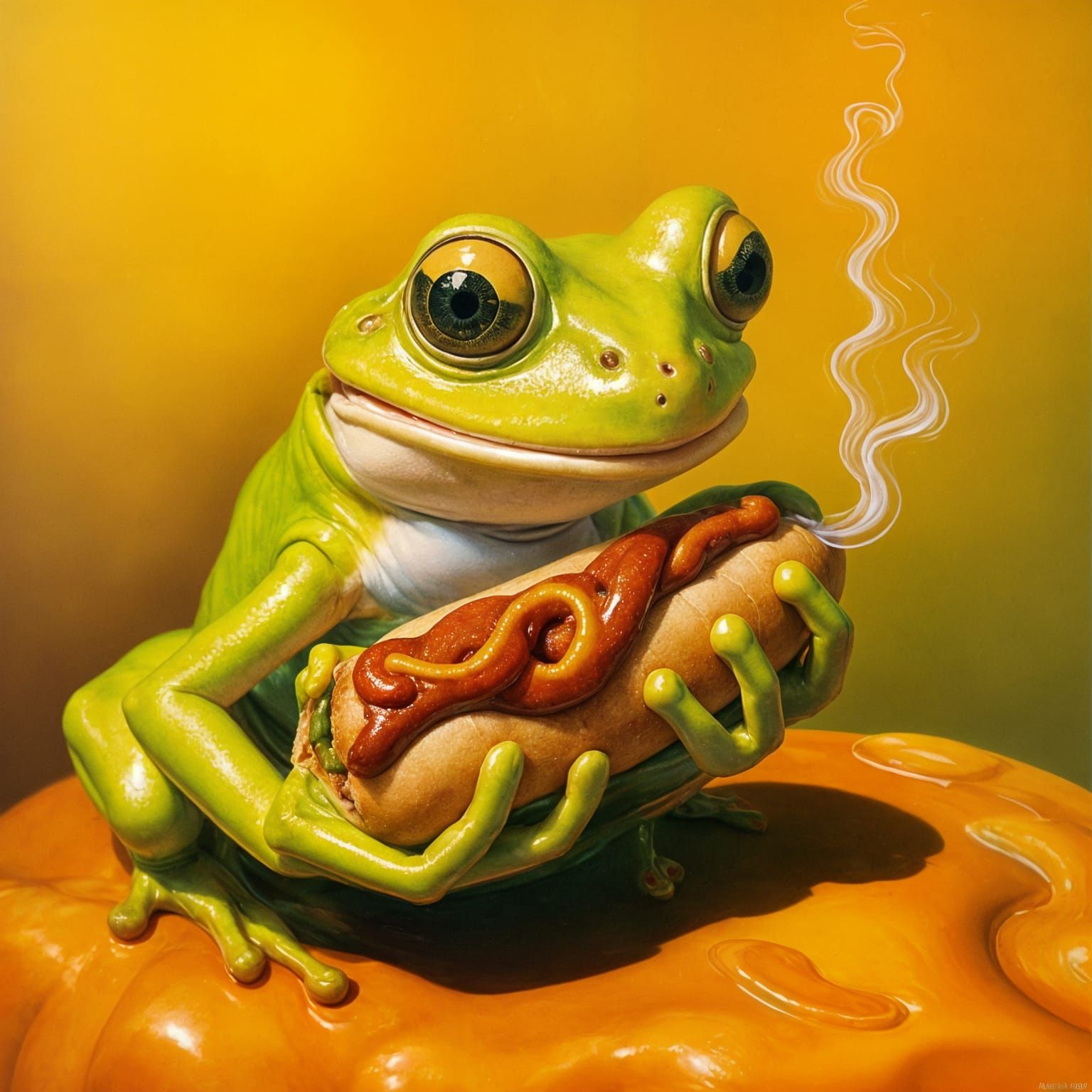 Happy Frog with Hot Dog in Surreal Style