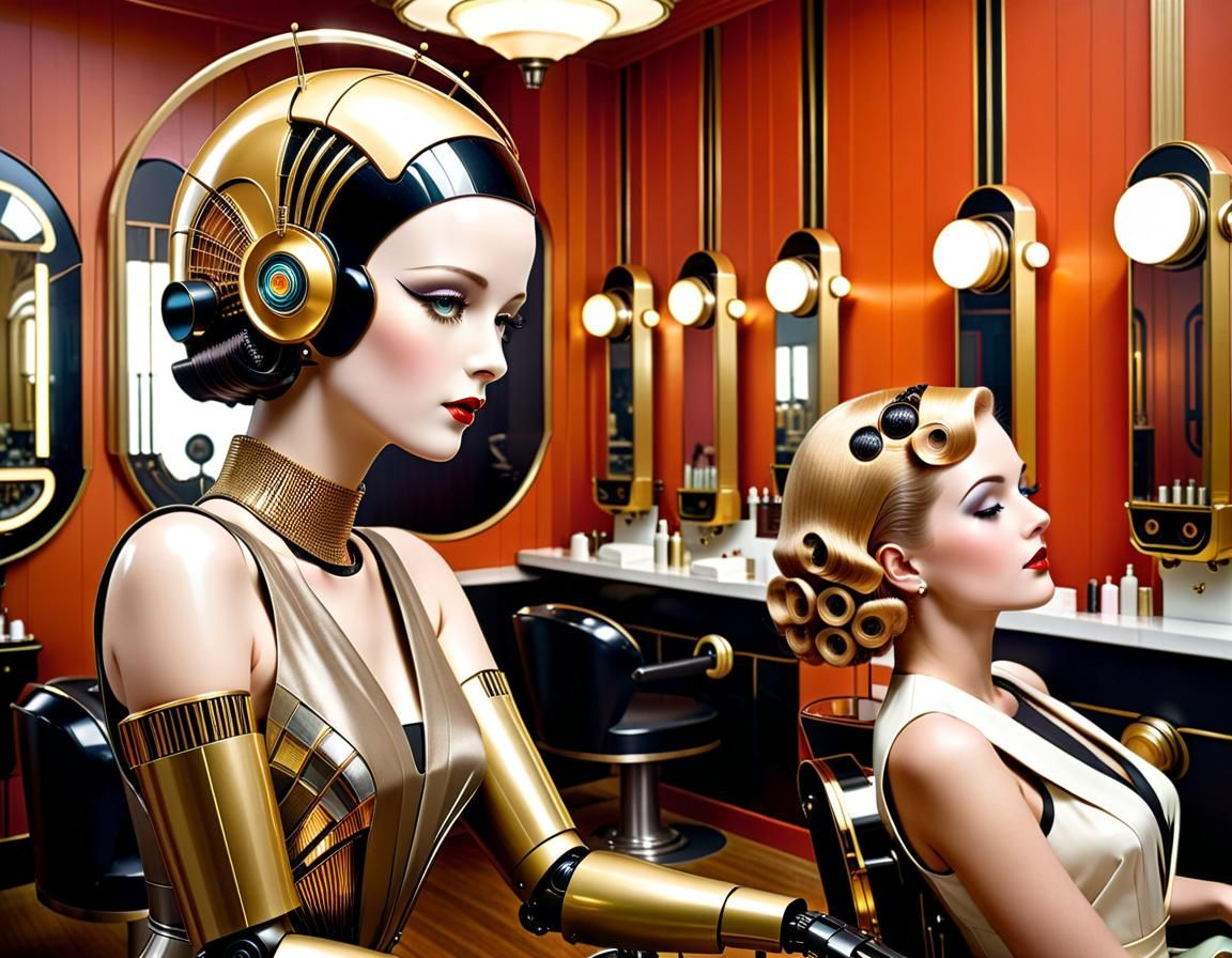 Art Deco Beauty Salon with Android Robots