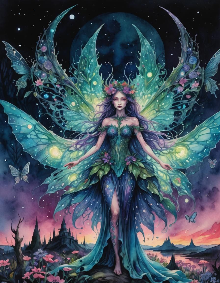 Demonic Beauty in Bioluminescent Forest, Watercolor Art